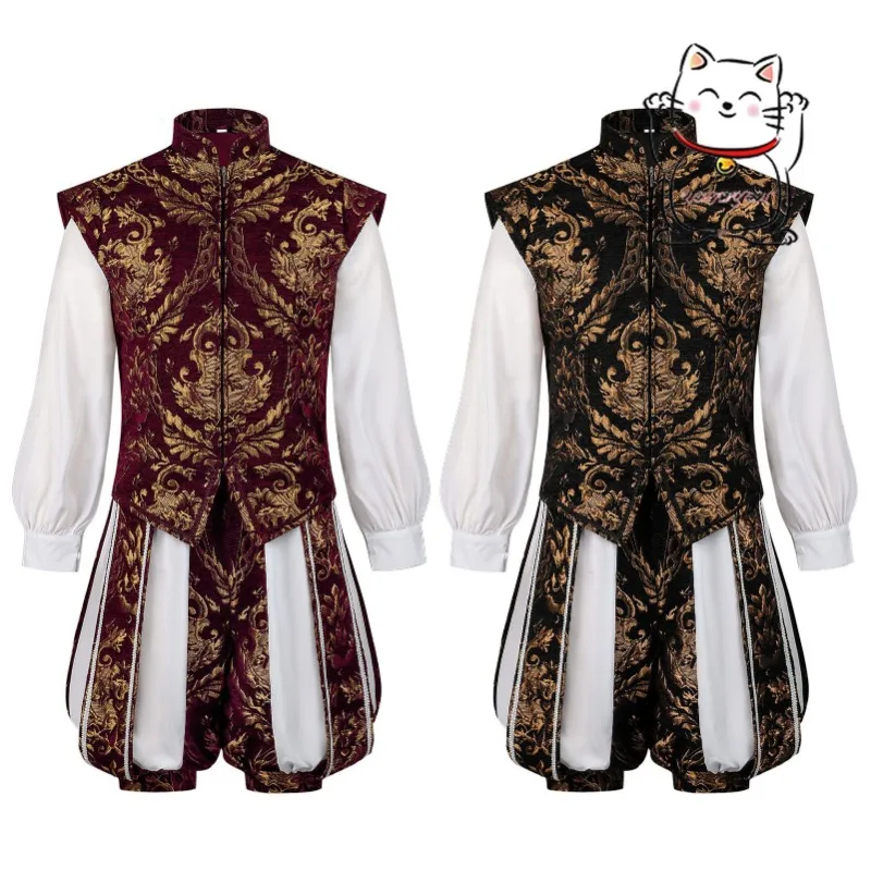 

AI Medieval Prince Cosplay Renaissance Mens King Double-Layer Vest and Pumpkin Pants Set Popular for Halloween Carnival Night