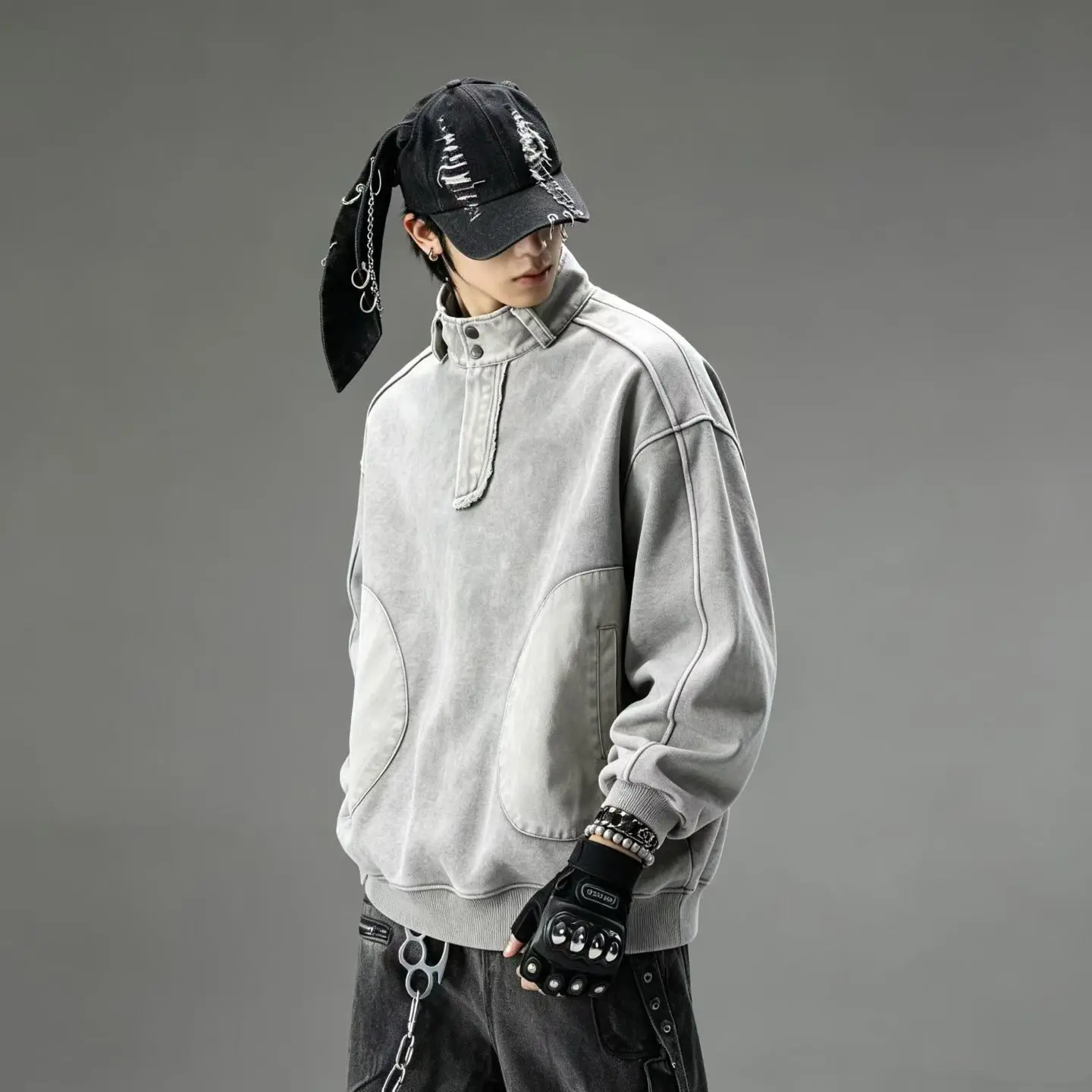 Vintage Washed Acid Wash Men Women Half Button Stand Collar Sweatshirt Big Pocket Loose Pullover