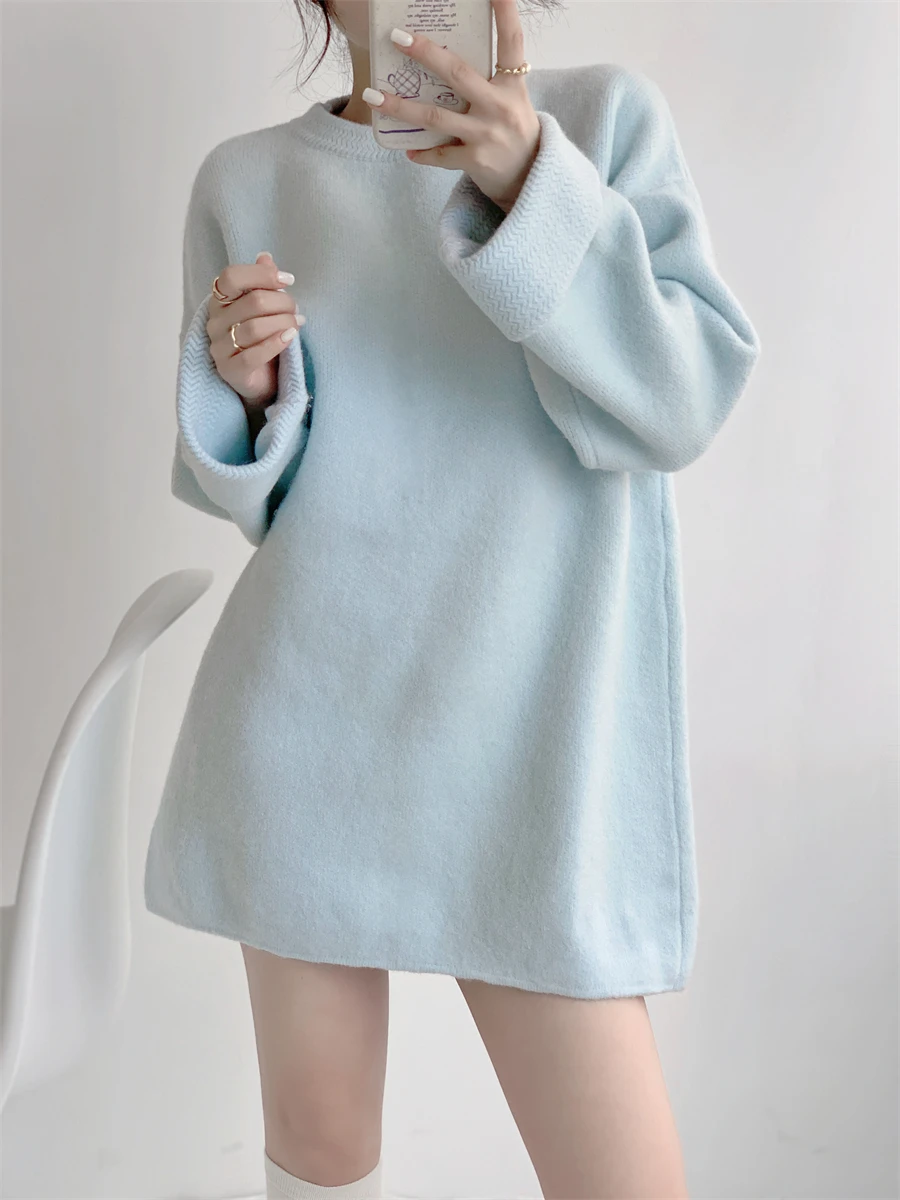 

Loose Knitted Sweater Dr Women's Autumn Winter New Sle Lazy Casual Outerwear Medium Length Overhead Versatile Milk Blue