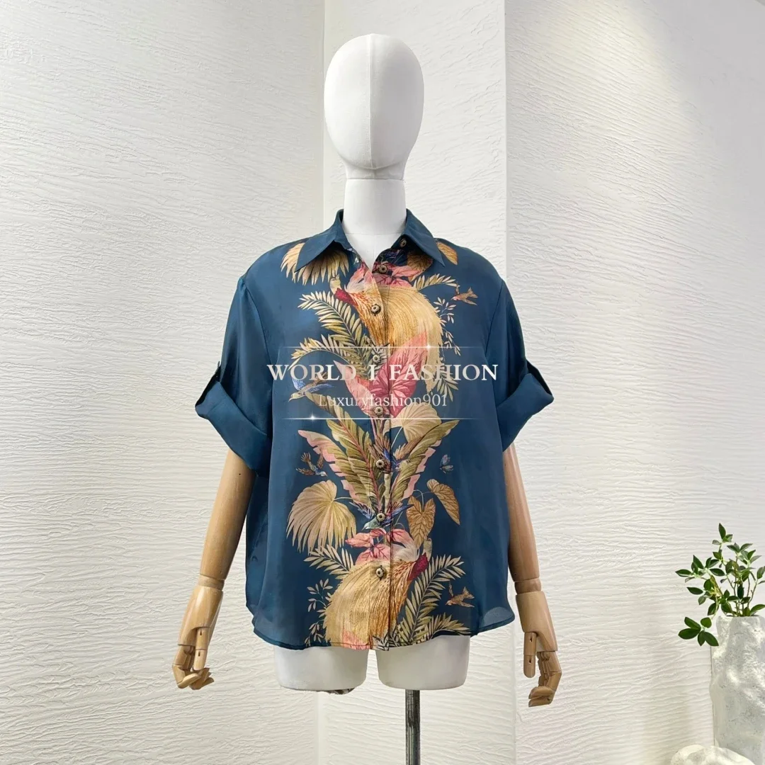 

Deep Blue Gradient Marble Pattern Print Long Sleeve Lapel Blouse Tops and Pants Sets 2025 Silk