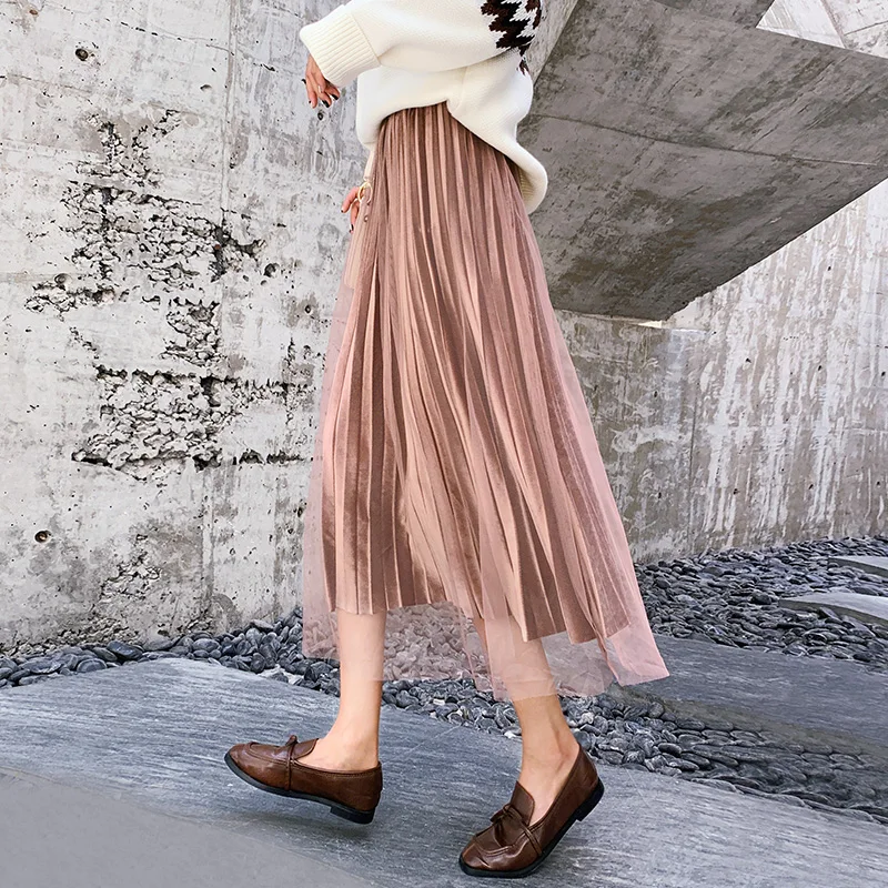 Mesh Golden Velvet Pleated Skirt Women 2021 Vintage Korean Casual Slim Long Maxi High Waist Skirt Winter Party Velvet Skirt