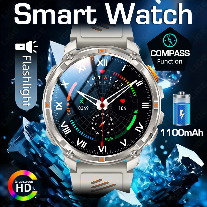 

New Outdoor Men T-REX 3 Compass Smart Watch with Flashlight Heart Rate IP68 Waterproof BT Call 1100mAh Battery Sports Smartwatch