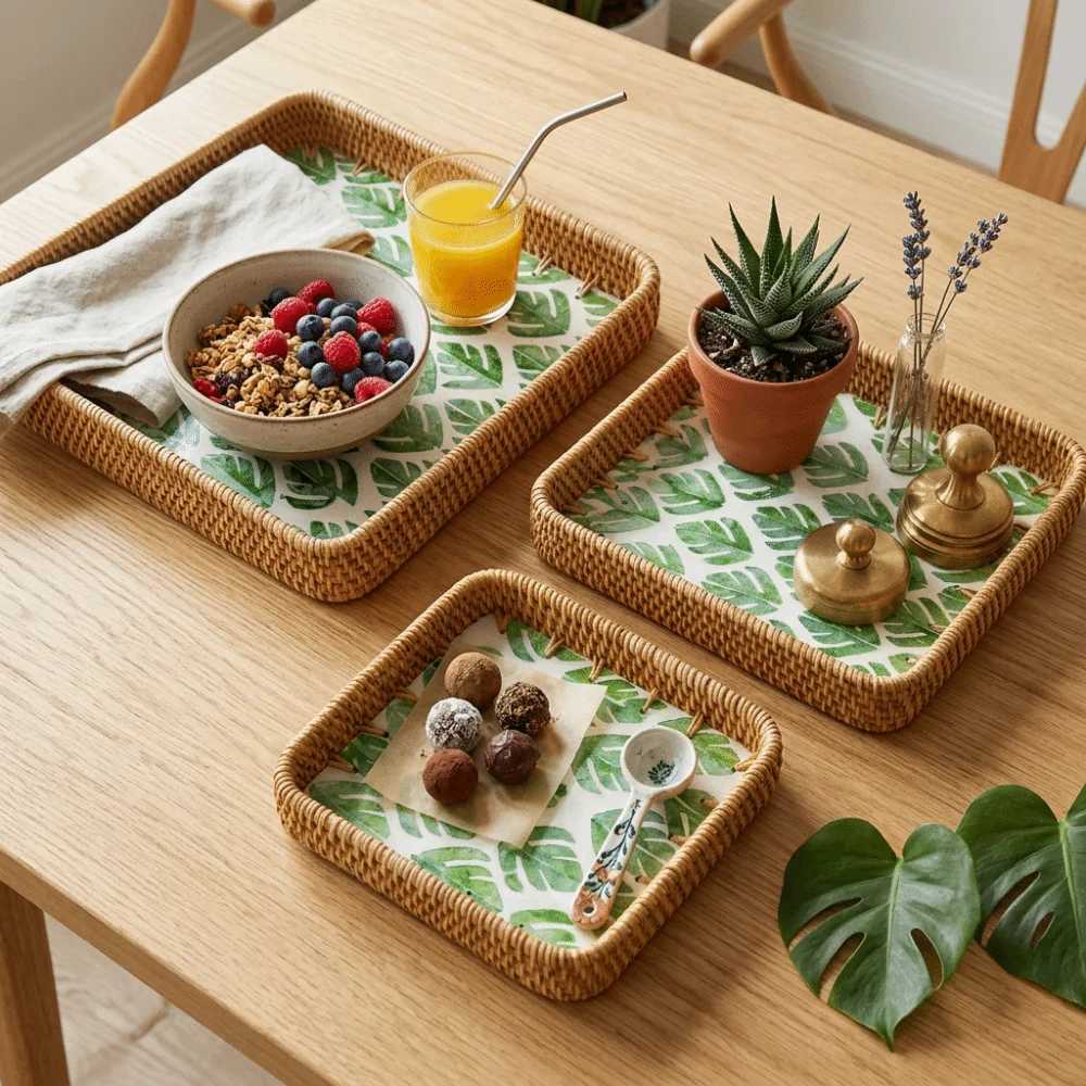 3Pcs Plant fiber Serving Tray Flat Tray Woven Texture Decorative Tray Sturdy Breathable Structure Catchall Organizer