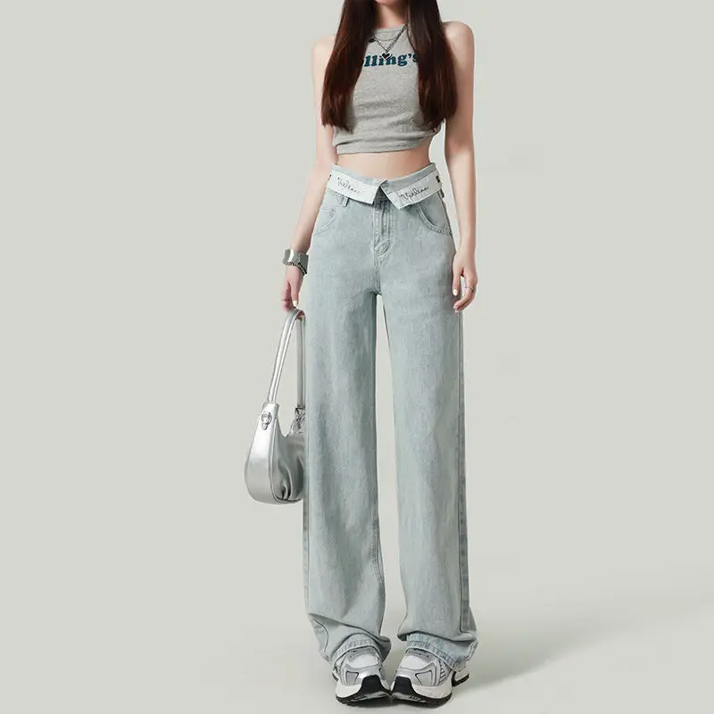 

Джинсы с высокой талией, облегающие, с отворотами и буквенным принтом, для женщин, весна 2025. Новые прямые свободные брюки с широкими штанинами.