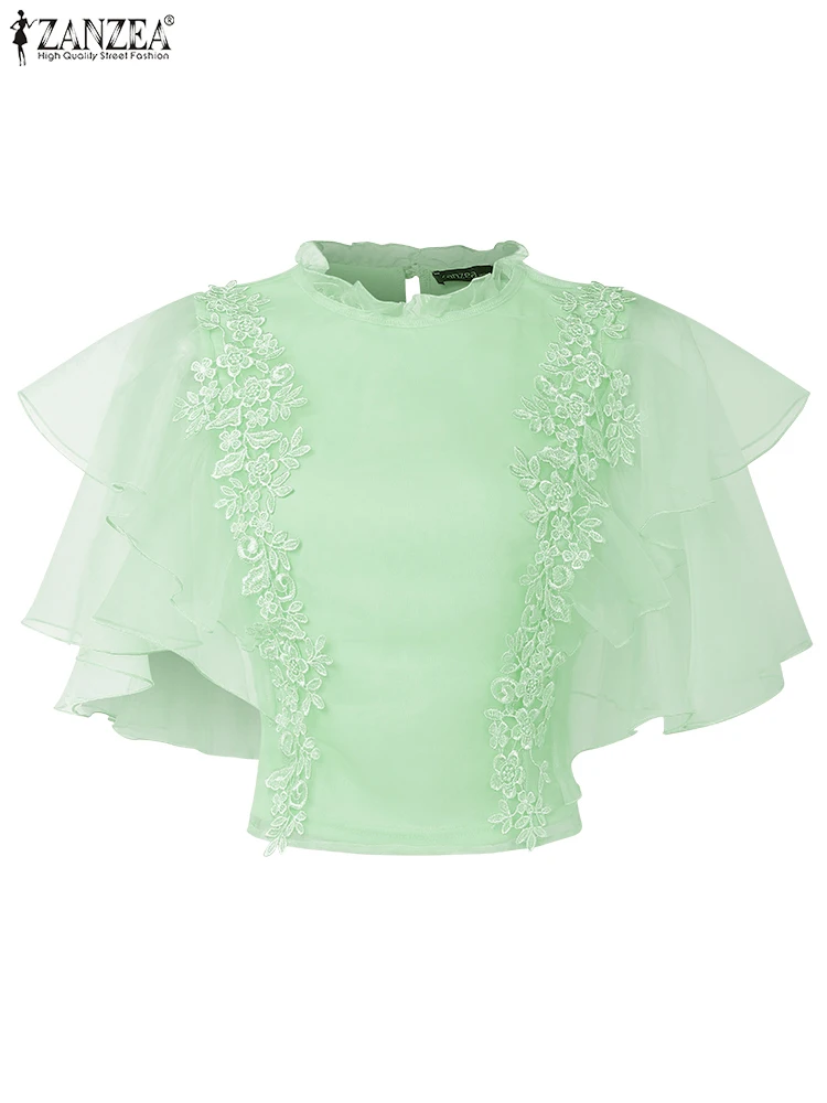 

ZANZEA женская кружевная блузка модные топы с рюшами на рукавах 2025 богемная ажурная туника повседневный свободный летний пуловер оверсайз