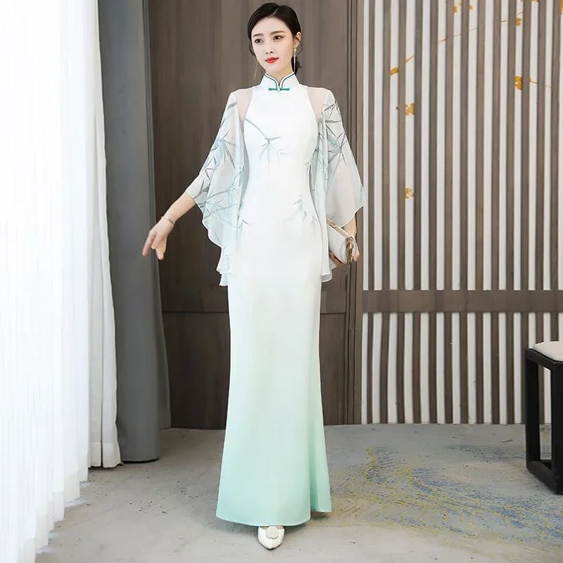 Spring China Dress Banquet Clothing Traditional Elegant Women Green Chinese Style Cheongsam Ao Dai Vintage Hanfu Slim Long Qipao