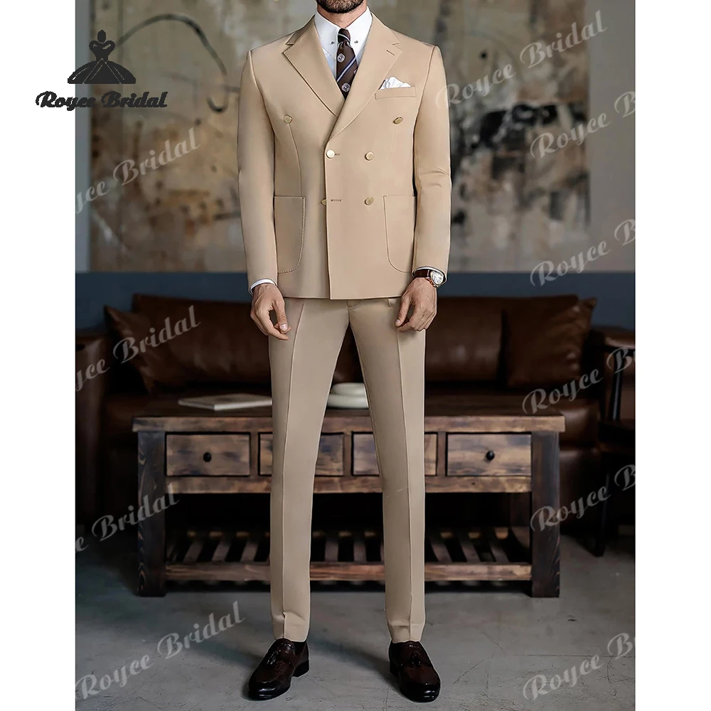 ชุดสูทผู้ชายสีกากีแบบสองชิ้น กระดุมสองแถว สำหรับงานแต่งงาน ปี 2026 ปกแหลม ชุดสูทสำหรับงานเลี้ยงกลางคืนและธุรกิจ  สามารถสั่งตัดได้
