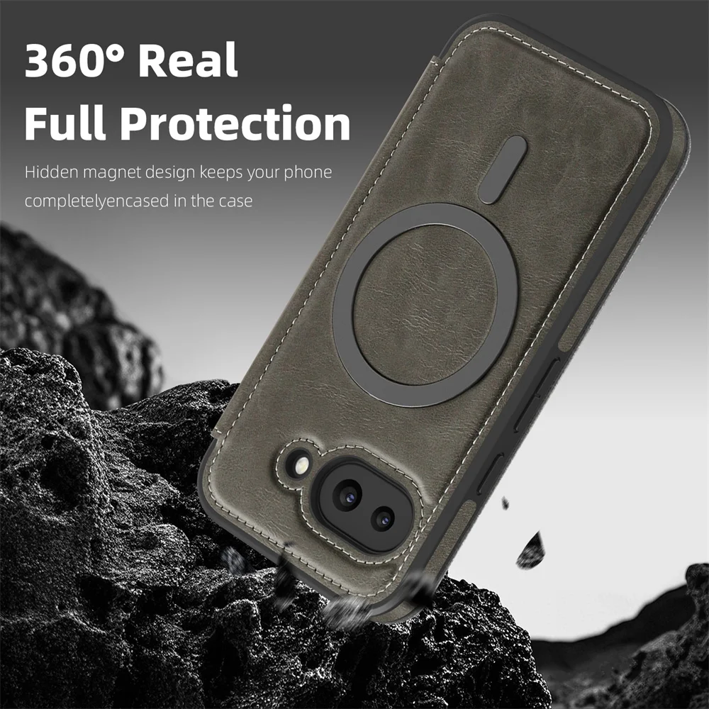 Luksusowe etui na telefon z magnetycznym zamknięciem, skórzanym uchwytem na karty i magnetycznym zapięciem, przeznaczone do modeli Google Pixel 11, 10, 8, 9 Pro XL, 9A. Jednolity kolor, eleganckie etui w stylu biznesowym. — zdjęcie produktu 6