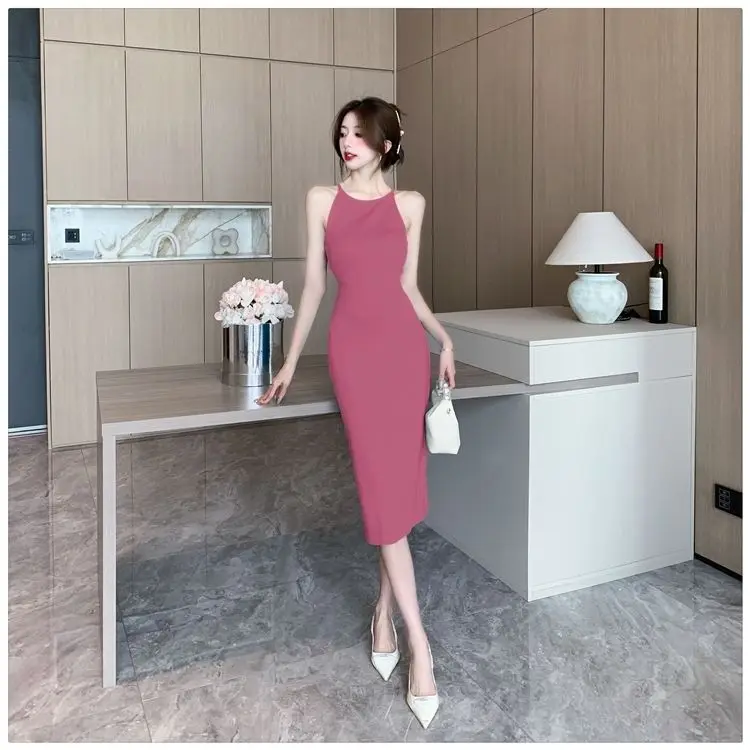 Sleeveless summer sexy O collar casual sexy high waist Thin sling stitching dress pack hip pencil long dress G28