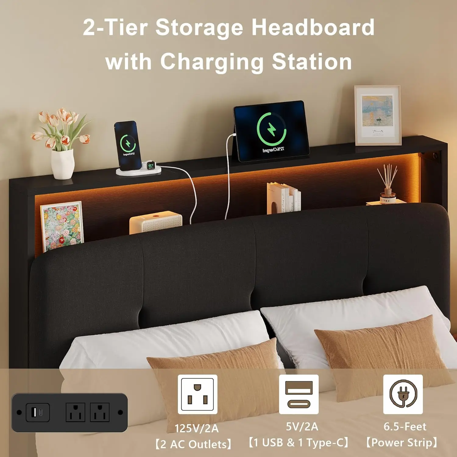 Floating Beds Frame Queen with Charging Station & Led Light, Wooden Queen Platform Bed Frames W/Upholstered Storage, Customized view 4