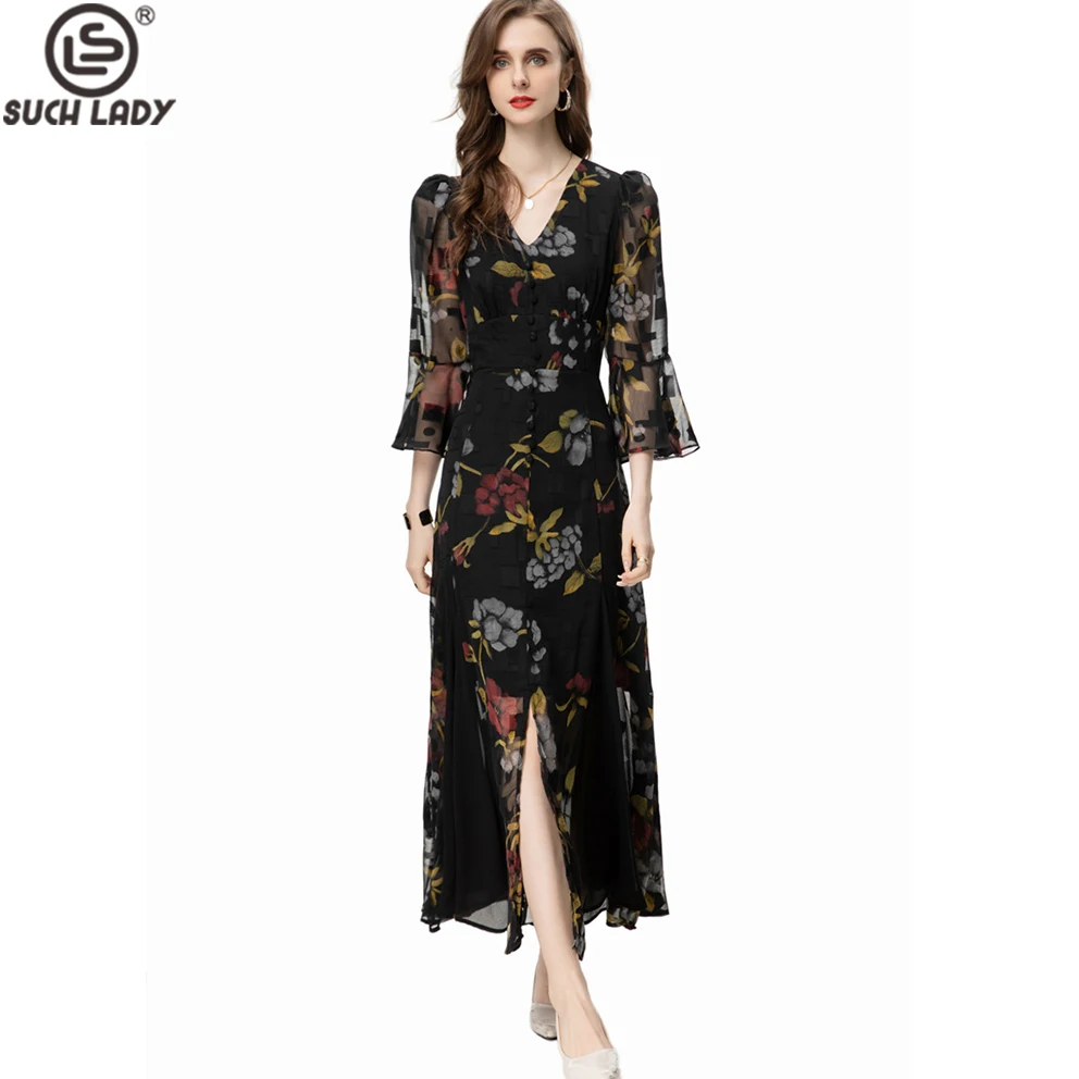 

Women's Runway Dresses V Neck 3/4 Flare Sleeves Printed Sexy Split Buttons Detailing Fashion Casual Vestidos