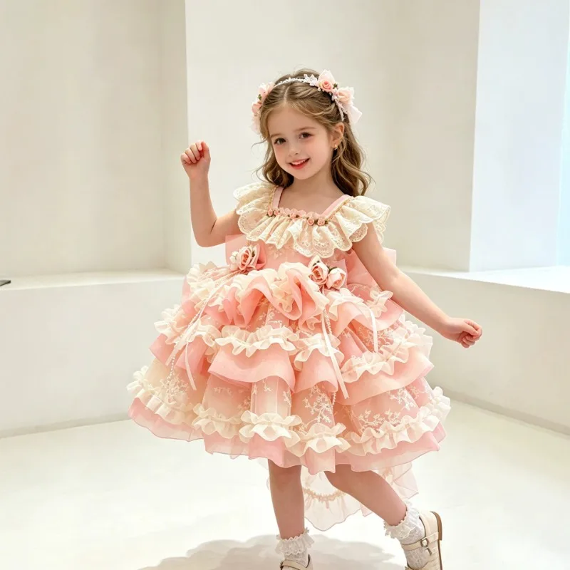 Kids Lolita Princess Dress Ruffle Lace Strap 3D Rose Decor Tiered Ruffled Tulle Skirt Flower‑girl Costume Birthday Party Dress