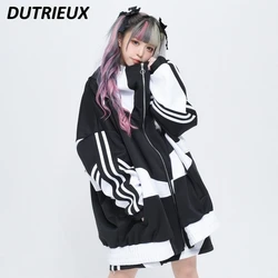 Japanese Style Loose Hooded Sweatshirt Spring Autumn Oversized Coat for Women Harajuku Style Patchwork Color Casual Pants