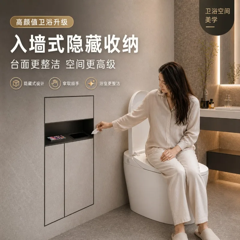 304 Stainless Steel Recessed Wall Niche 4 in 1 Toilet Brush Bin Tissue Box Hidden Bathroom Storage