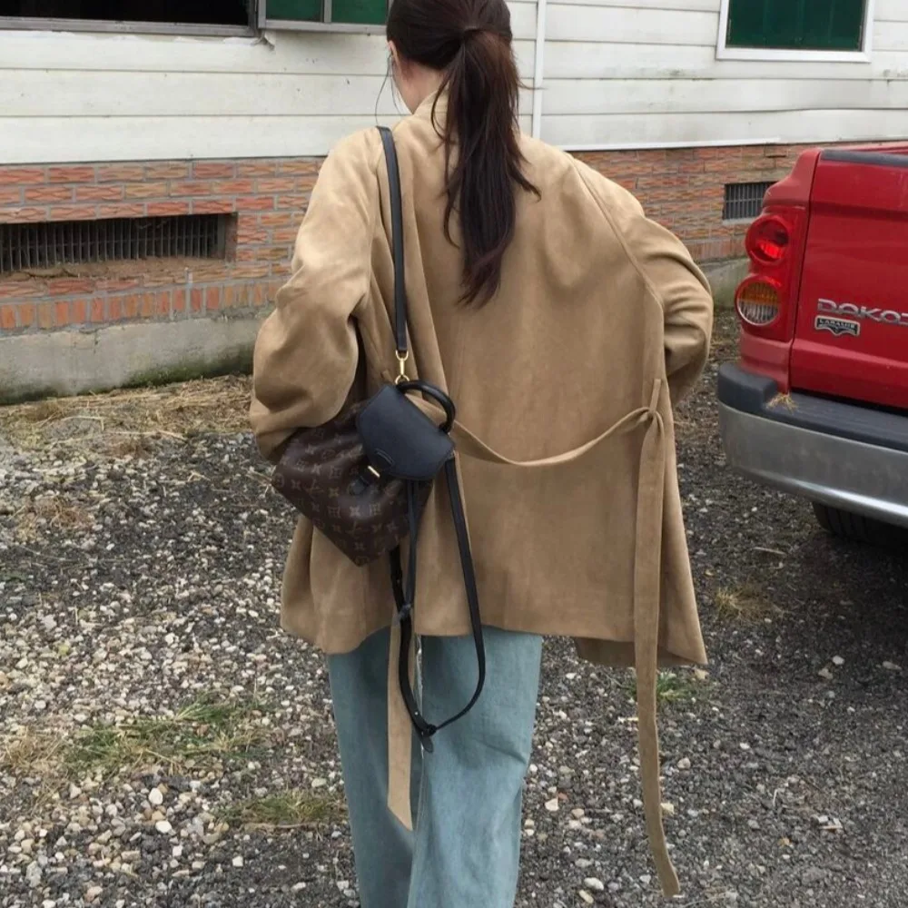 Women's Casual Long Coat Vintage Loose Fit Stand Collar Mid-Length Deer Suede Velvet Windbreaker Versatile Autumn Winter Oute...