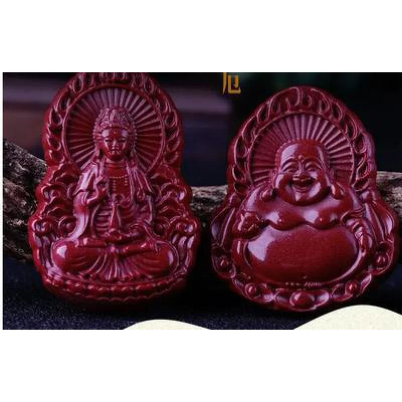 Cinnabar Double-Sided Carved Big Belly Buddha Pendant Fu Character Jade Vase Guanyin