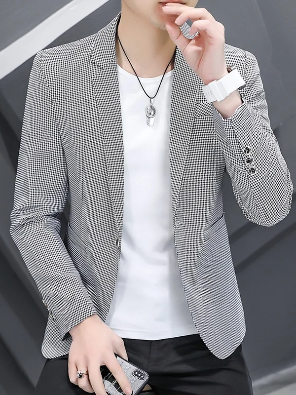 

Мужской приталенный костюм-жакет в клетку для весны и осени, тонкий, повседневный, модный, в корейском стиле, с закругленным низом, из полиэфирного волокна, с длинными рукавами
