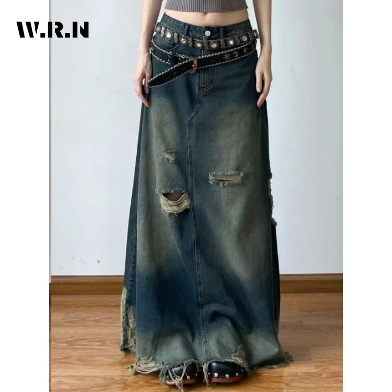 2024 Summer Vintage High Street Harajuku Tassels Denim Skirt Women's Grunge High Waist Y2K High Street Retro Lady Ripped Skirt