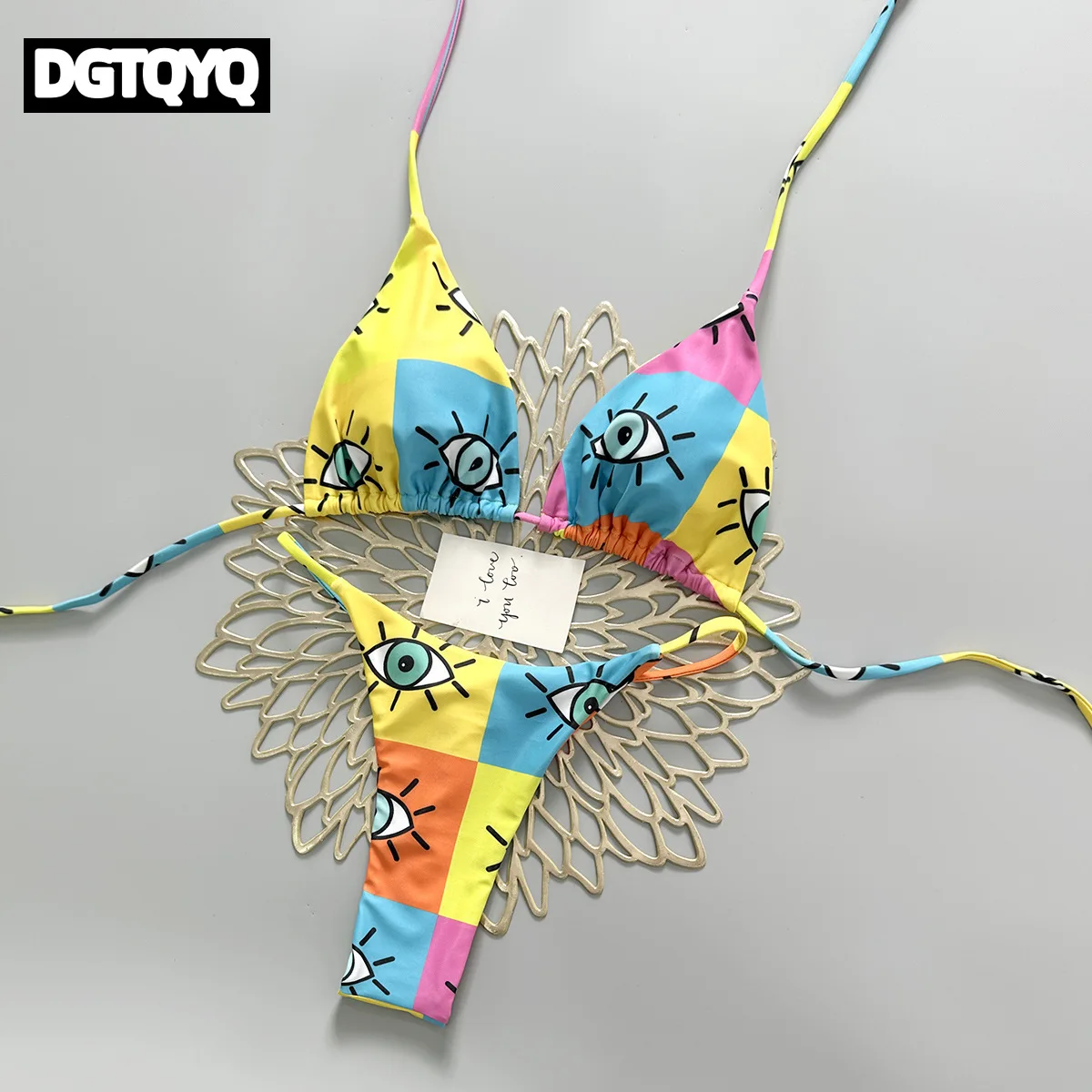 2026 New Color Block Eye Graffiti Ins Style Thong Split Bikinis Set for Women Holiday Swimsuit Biquine Brasileiro Beachwear