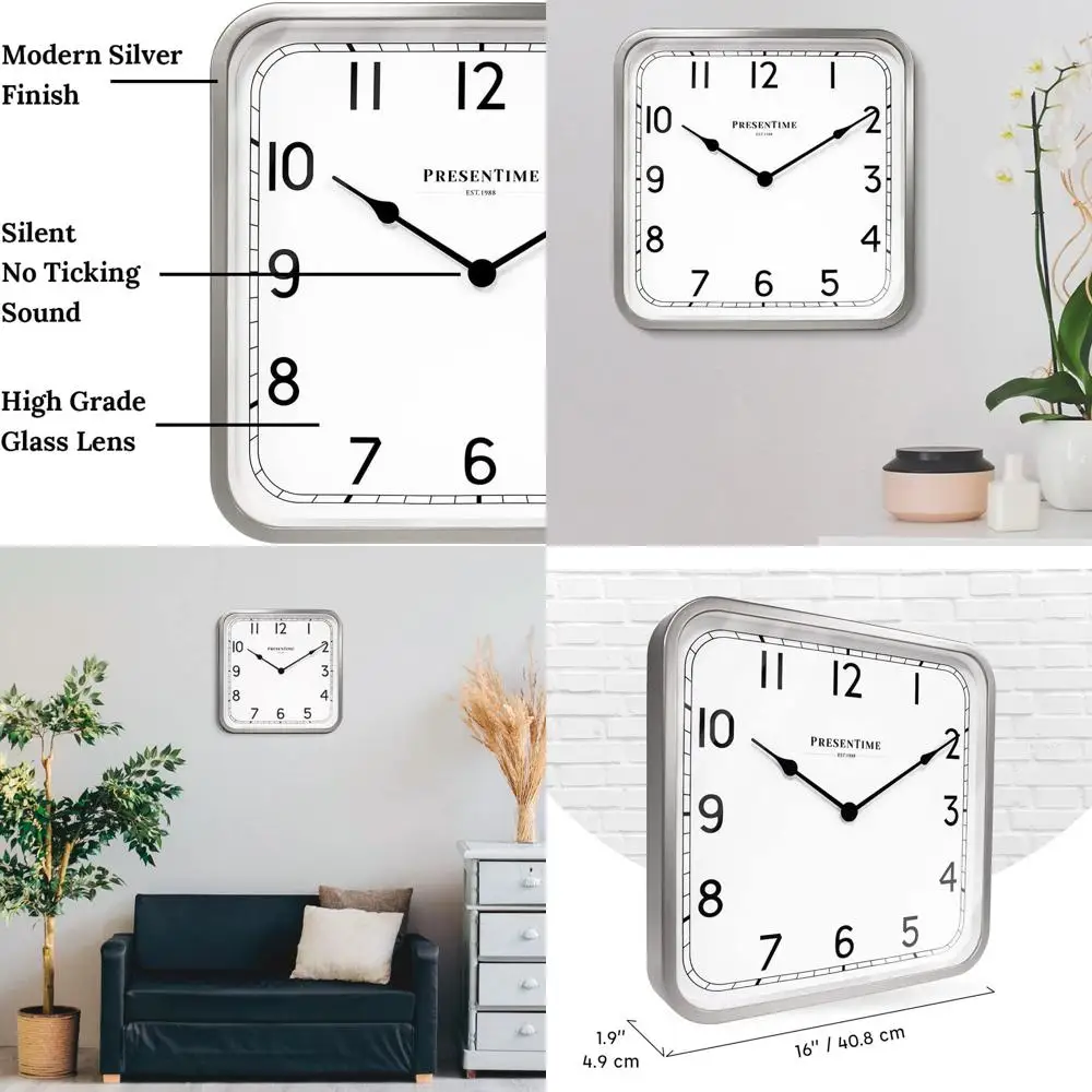 

& Co 16" Anton Vintage Square Clock, Silent No Ticking, Wall & Mantel 2 in 1 Clock, Desk and Shelf Clock, Tabletop Décor, Modern