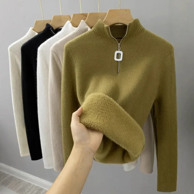 レディース一体型ベルベット冬用暖かいジッパー付きニットベースシャツ厚手ハーフハイカラーフリース裏地付きニットセーター