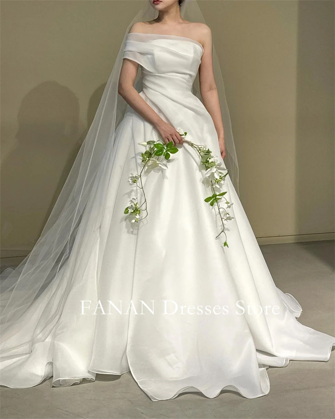 

FANAN Korea One Shoulder Ruched Ivory Organza A-Line Wedding Dresses 웨딩드레스 Customized Princess Corset Bride Gowns Plus Size