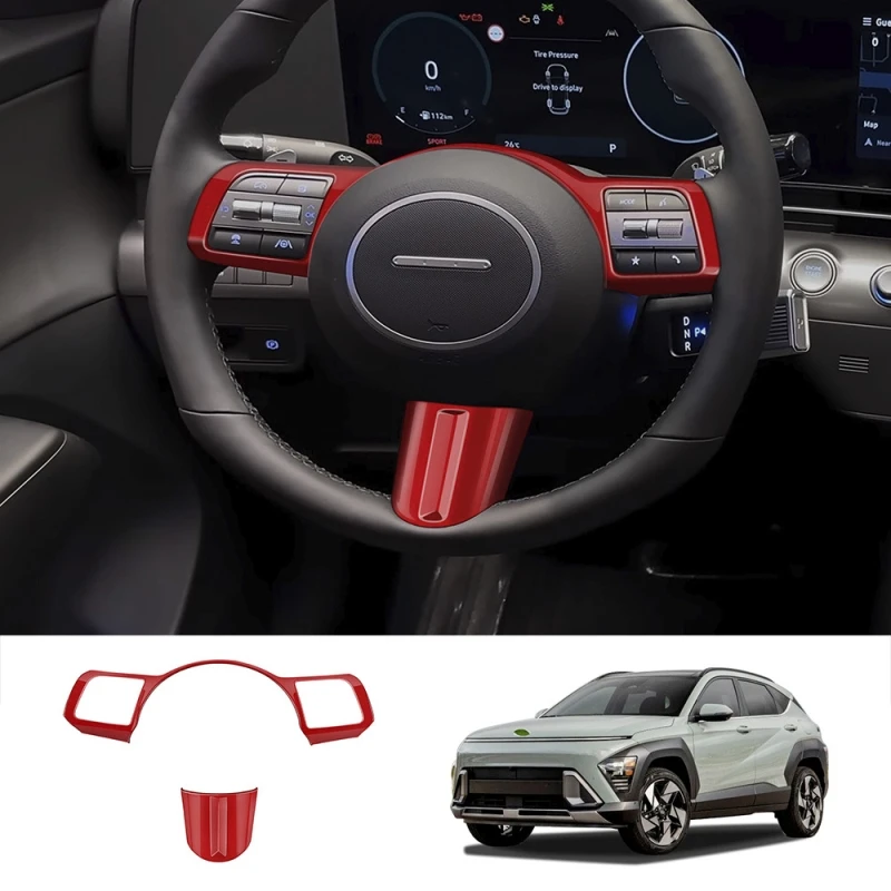 

For Hyundai KONA 2024 2025 ABS Carbon Fiber Car Steering Wheel cover direction Adjust Control Button Frame trim car accessories