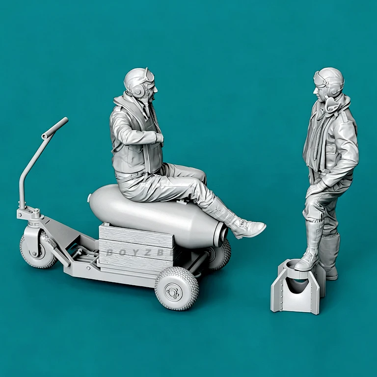 1/72   Two pilots and soldiers resin model kit, white mold self assembling and painting (including trailer)  A-2320