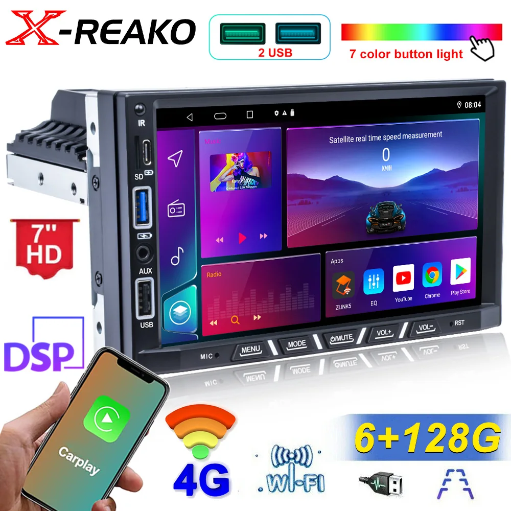 

7” Android Car Radio Universal 1 Din Video Player Stereo Android 12 Carplay Android auto Support GPS Navigation Bluetooth WIFI