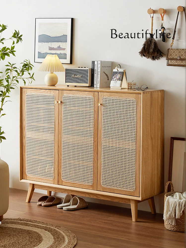 

Nordic Minimalism Solid Wood Rattan Shoe Cabinet Japanese Retro Hall Cabinet Modern Home Storage Shoe Rack