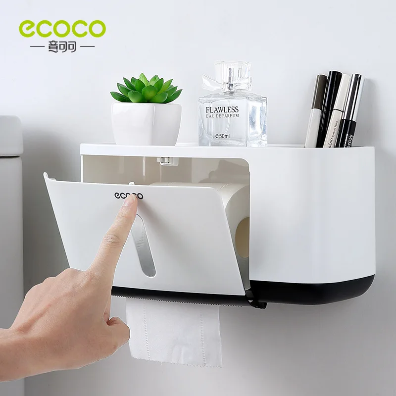 

Ecoco Toilet Tissue Holder Wall-Mounted Multi-Functional Roll Paper Storage Rack Bathroom Waterproof Paper Towel Storage Box