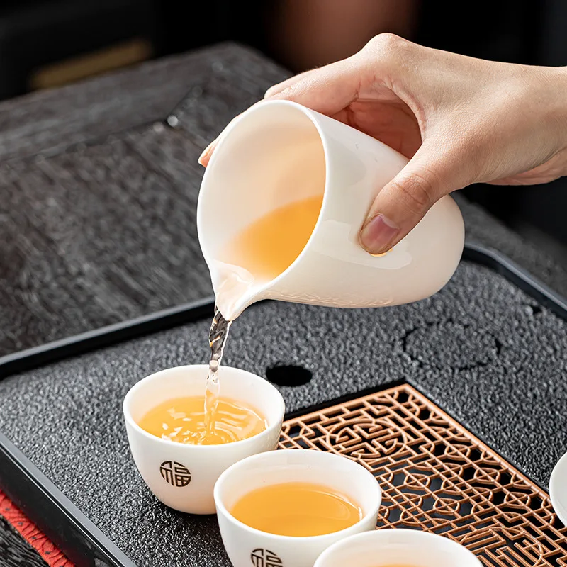 Suet jade white porcelain tea set, home Japanese office business simple kung fu tea set cover bowl set gift box