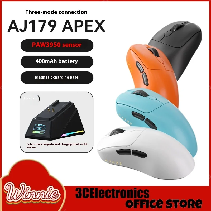 Ajazz Aj179apex Mouse Three Mode Wireless Bluetooth Mouse Lightweight Gamer Mouse Low Latency With Charging Dock Game Mouse Gift