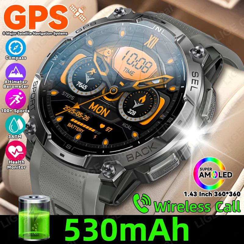 

LIGE New GPS Track Compass Smart Watch 530mAh Battery 3ATM Waterproof Sports Tracker Outdoor Military 1.43" AMOLED Smartwatch