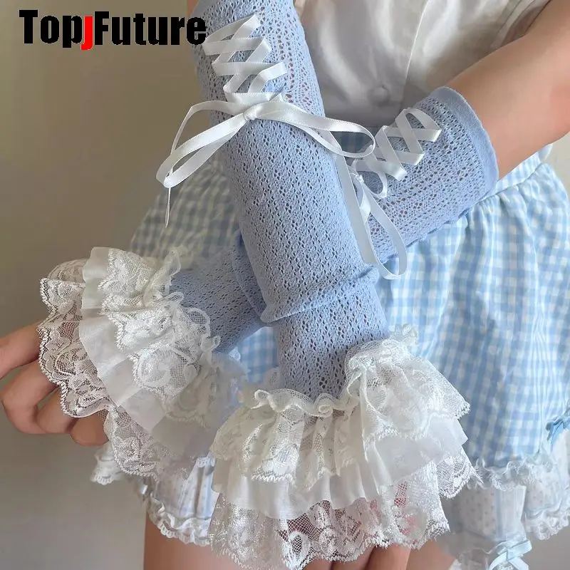 Summer Gothic Women Y2K Lolita Fingerless Gloves Arm Warmers Knitted Kawaii Bow Lace Hand Work Gloves Anime Cosplay Sleeves