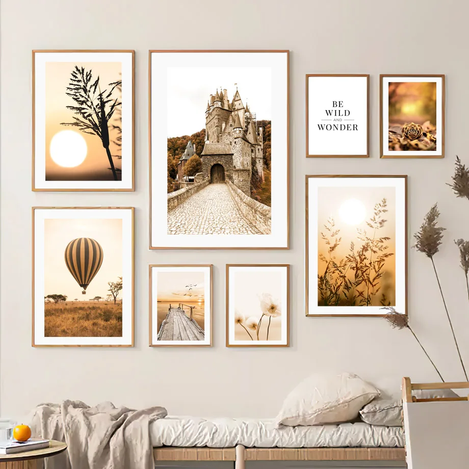 Autumn Deer Castle Fallen Leave Poster Pier Plant Forest Print Wall Art Pictures Canvas Painting For Living Room Home Decor