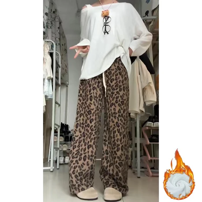ヴィンテージヒョウ柄フリース裏地パンツ女性ソフトワイドレッグパンツ巾着カジュアル秋冬暖かいストレートレッグパンツ