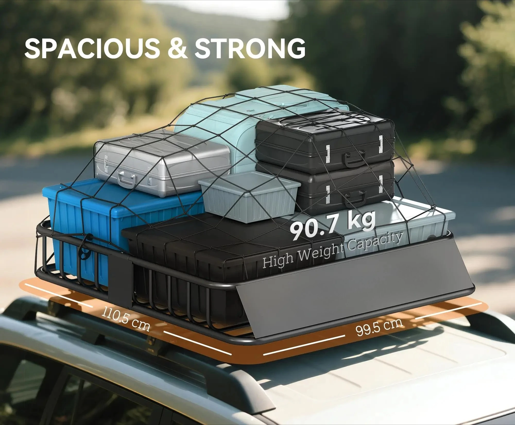 Universal Roof Rack Basket Tray, 90.7 kg Steel Car Rooftop Luggage Cargo Carrier Holder with Wind Fairing, Side Rails for suvs