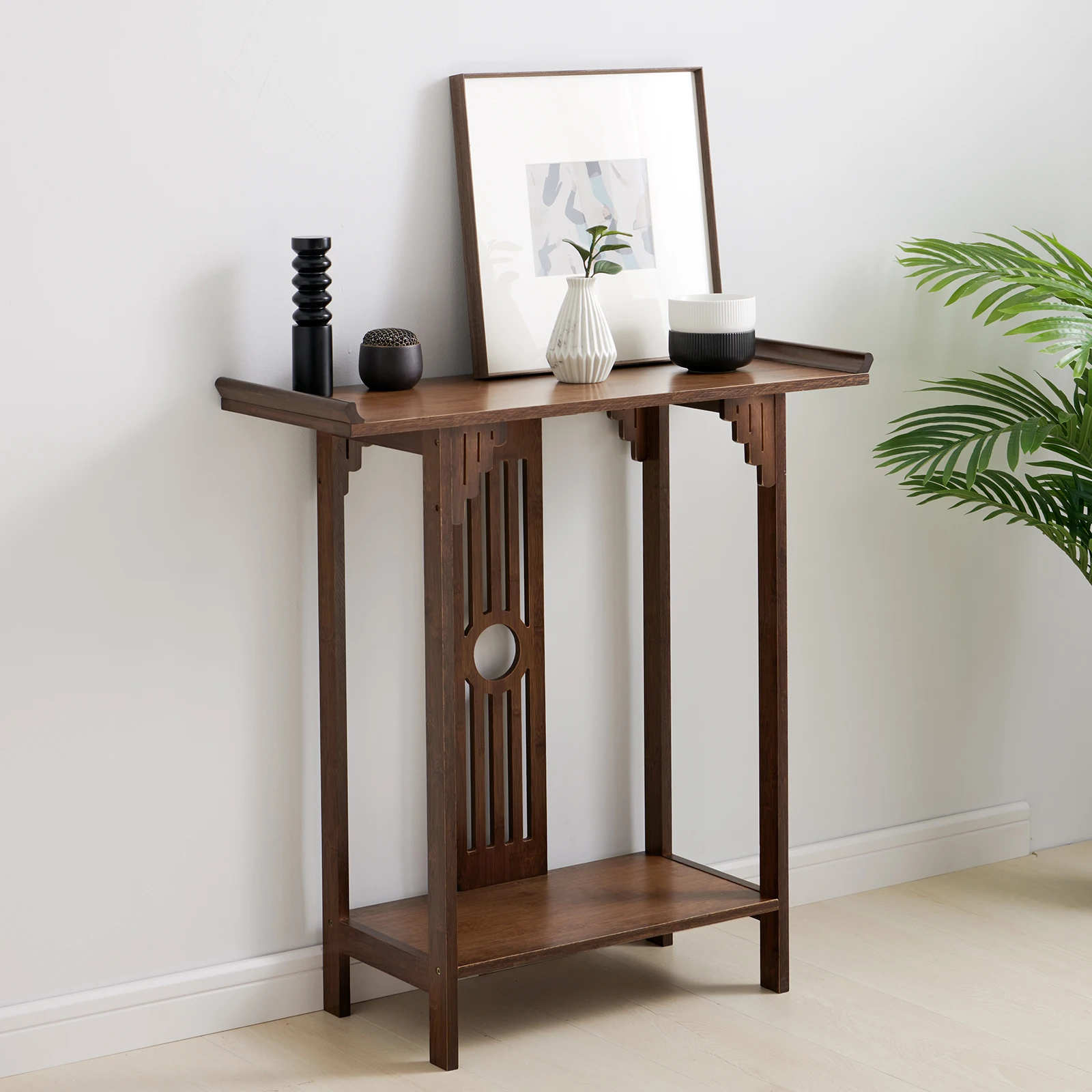 Table Console Vintage Étroite et Longue en Bambou, Meuble Moderne pour Entrée, Couloir et Salon