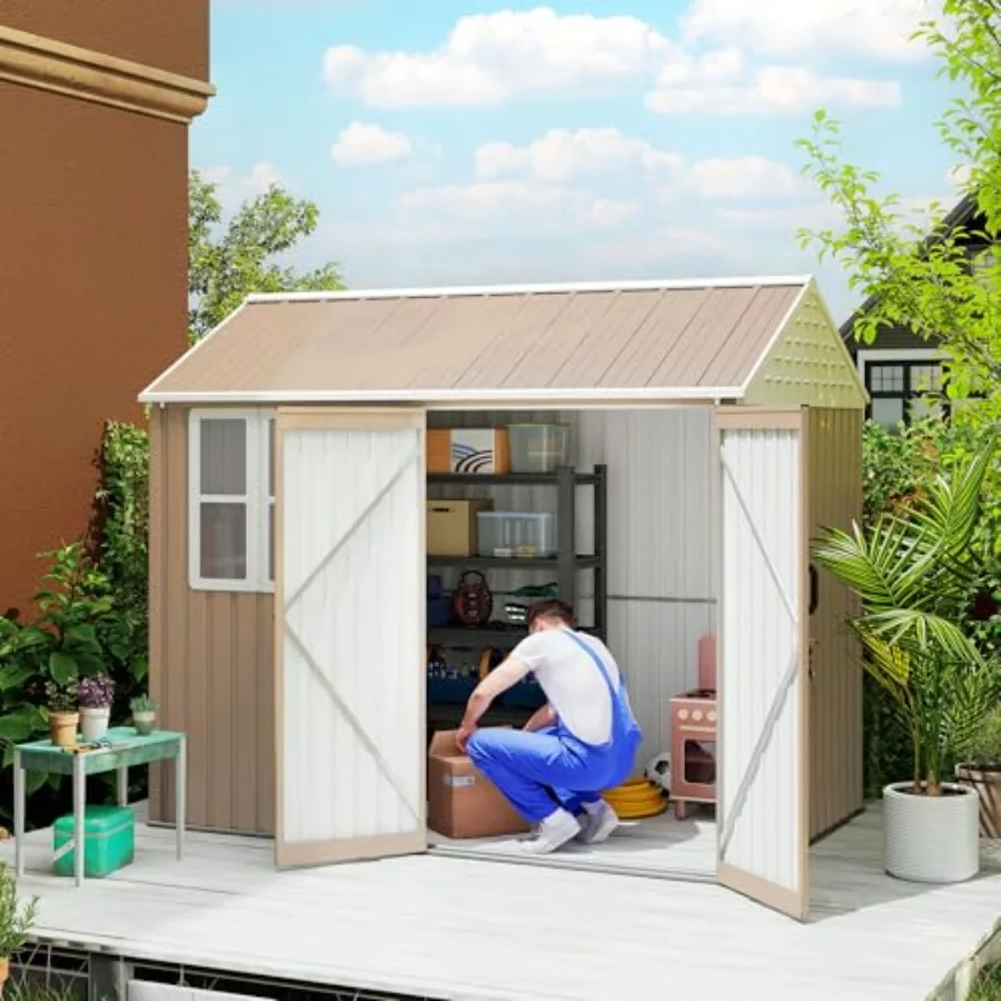 6' Outdoor Storage Shed Metal Garden Shed Window for backyard use, galvanized steel material, gray color, rust-resistant and we