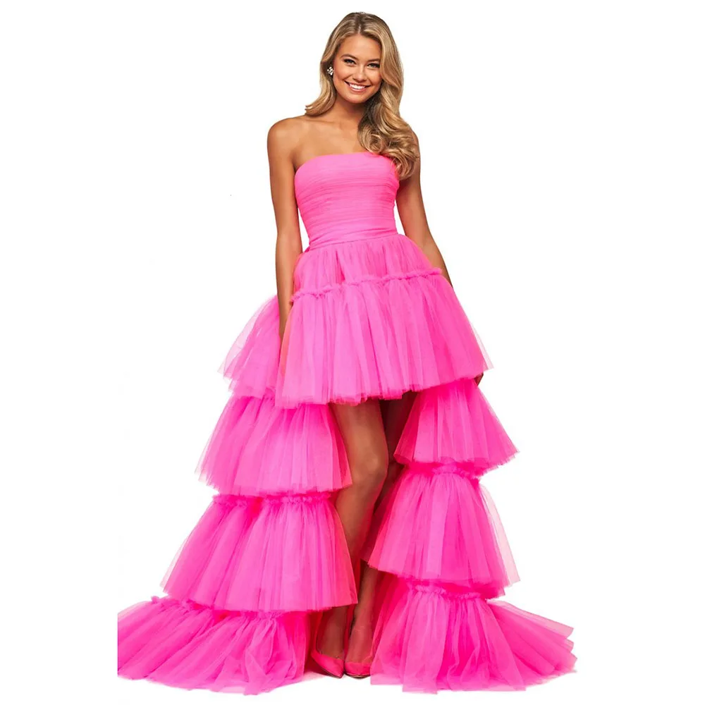 

Sexy Fuchsia Tulle Cascading Ruffles Evening Dresses Strapless Prom Gowns High Low Formal Party Dress Vestidos de Fiesta