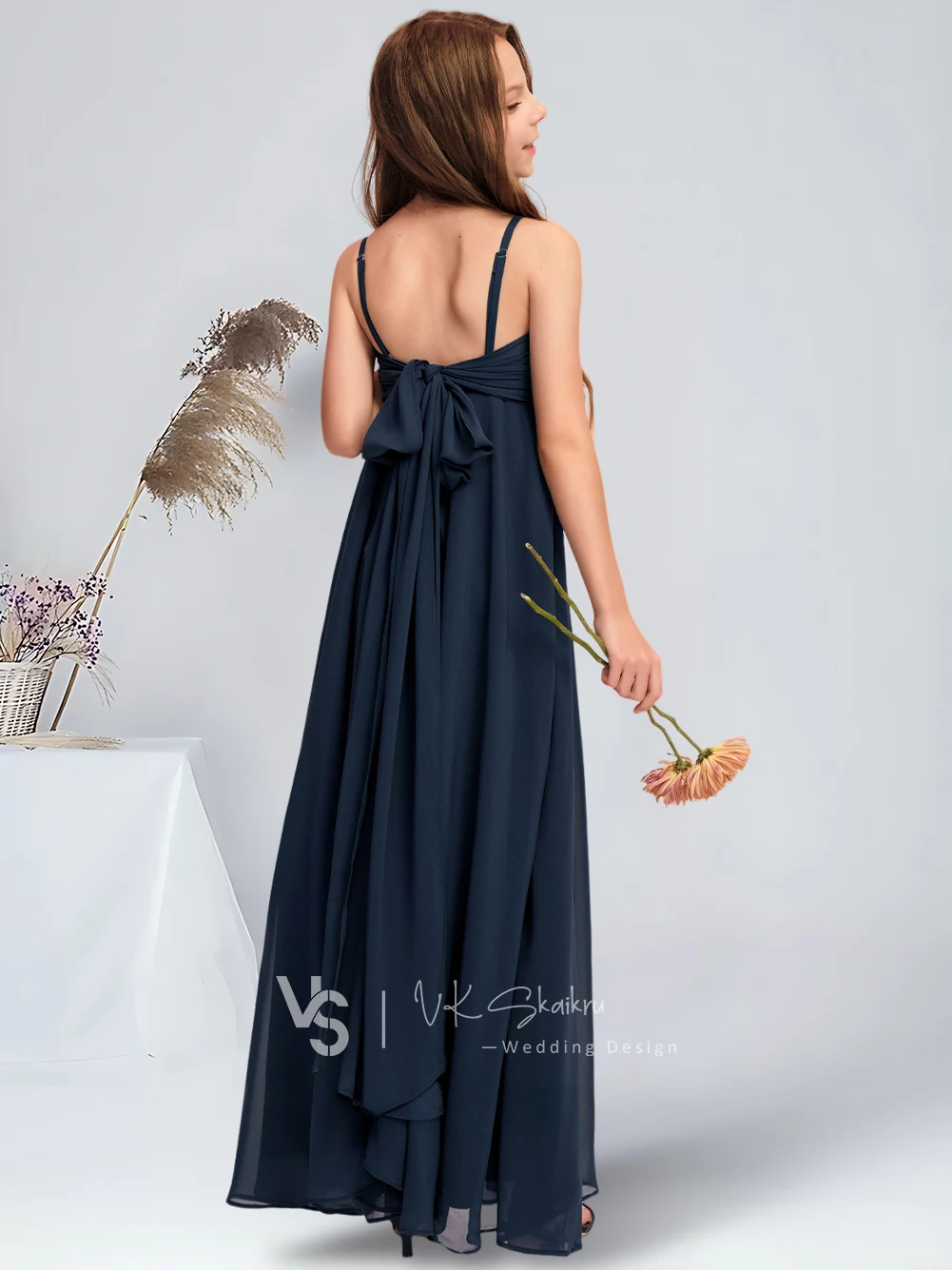 A-line V-Neck Floor-Length Chiffon Junior Bridesmaid Dress With Bow Dark Navy Flower Girl Dress Wedding Party Dresses For Teens