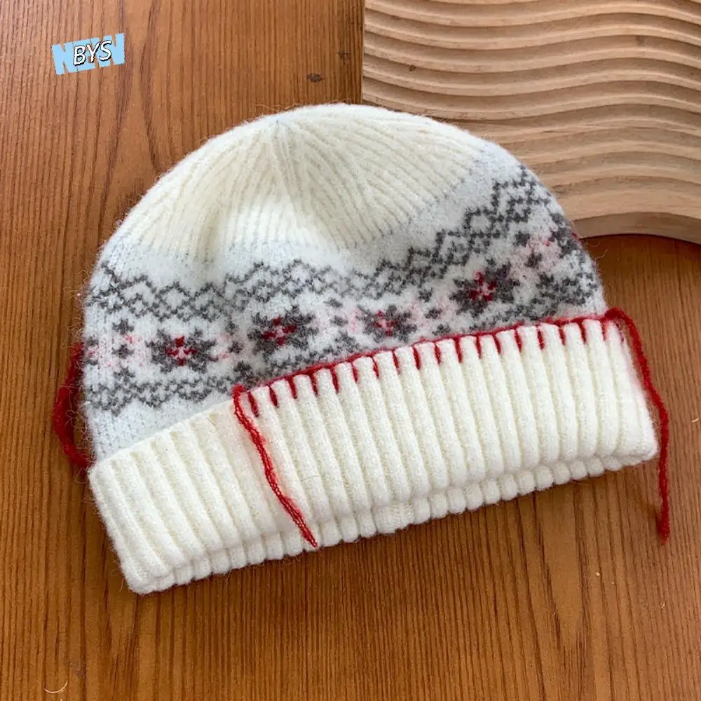 

Ethnic Style Woolen Knitted Pullover Hat Coldproof Ear Protection Jacquard Woolen Hat Keep Warm Solid Color Beanies Cap Girls