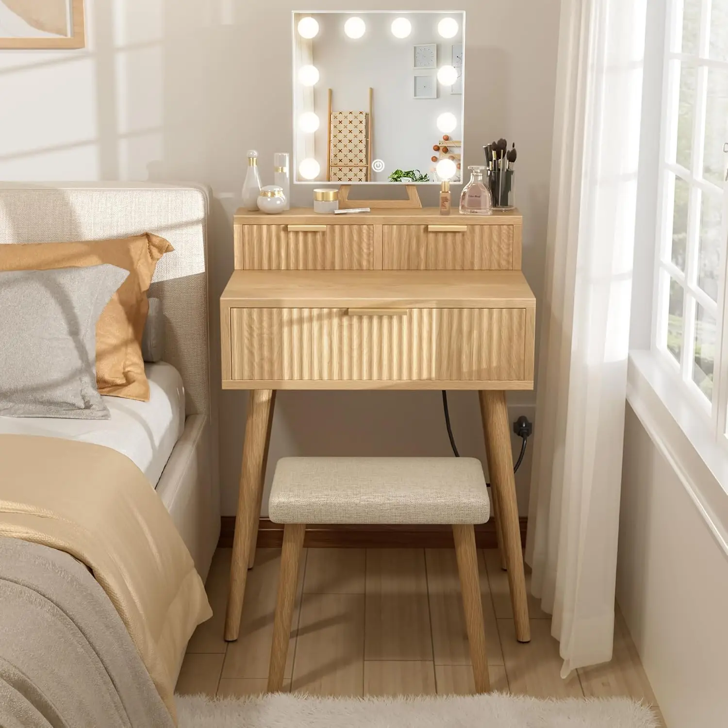 Bedroom Use, Wood Material, Compact Vanity Desk with Hollywood Mirror, Lights, Drawers, and Outlet