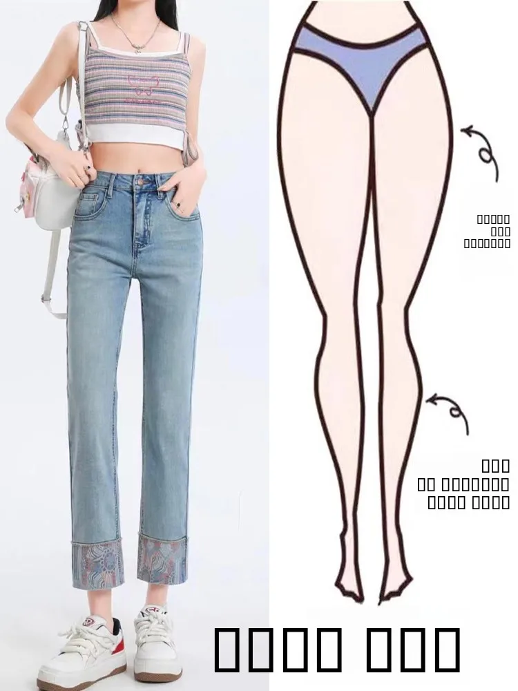 

Fashionable High Waist Straight Leg Printed Washed Denim Jeans Summer New Women's Slim Fit Nine Point Pants Versatile Casual ...