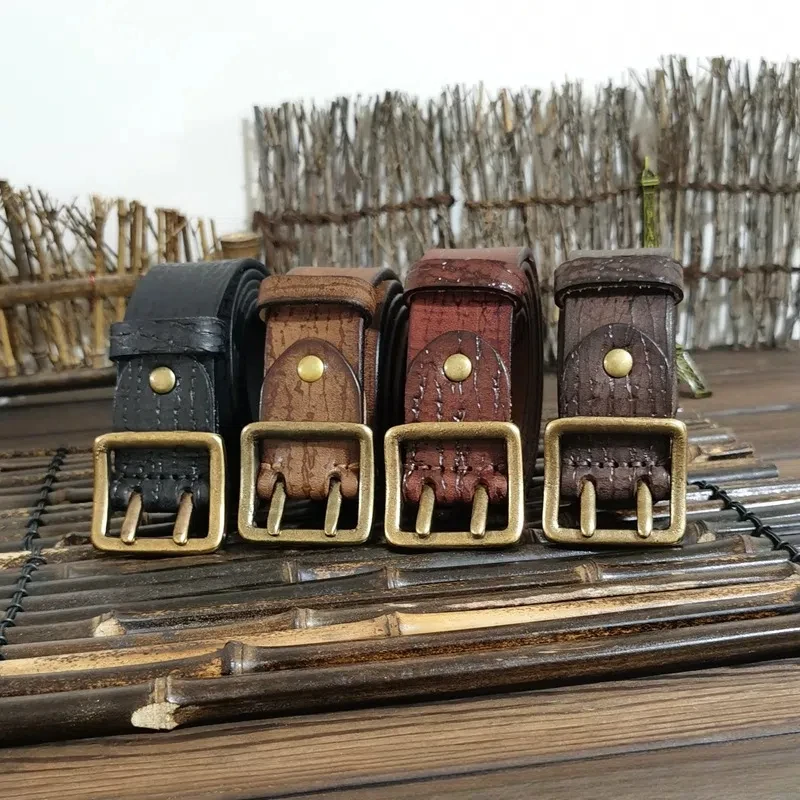 Sabuk pria 3.8cm, sabuk gesper jarum ganda kuningan, mewah, berat, retro, kualitas tinggi, sabuk kulit asli desainer