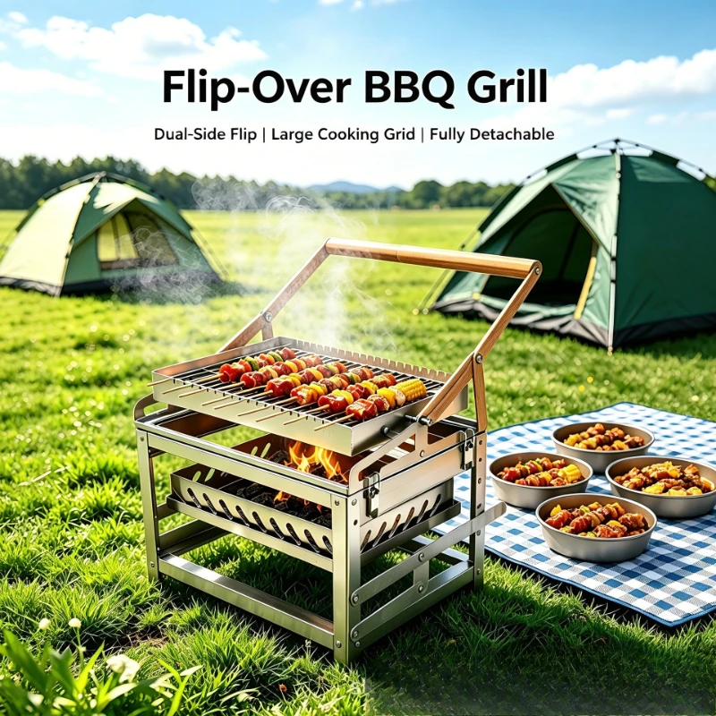 For SKJ-003 Stainless Steel Flip BBQ Grill, Portable Charcoal Folding Barbecue Grill with 304 Grates for Outdoor