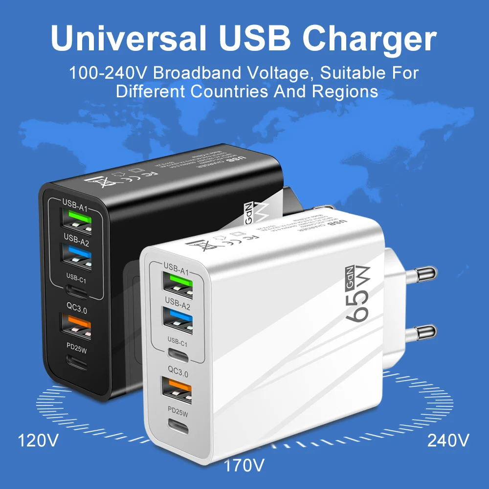 5 Ports USB Fast Charger 65W PD Type C Wall Charger Adapter For iPhone 15 14 Pro Max Xiaomi Samsung EU/US Plug GaN Phone Charger