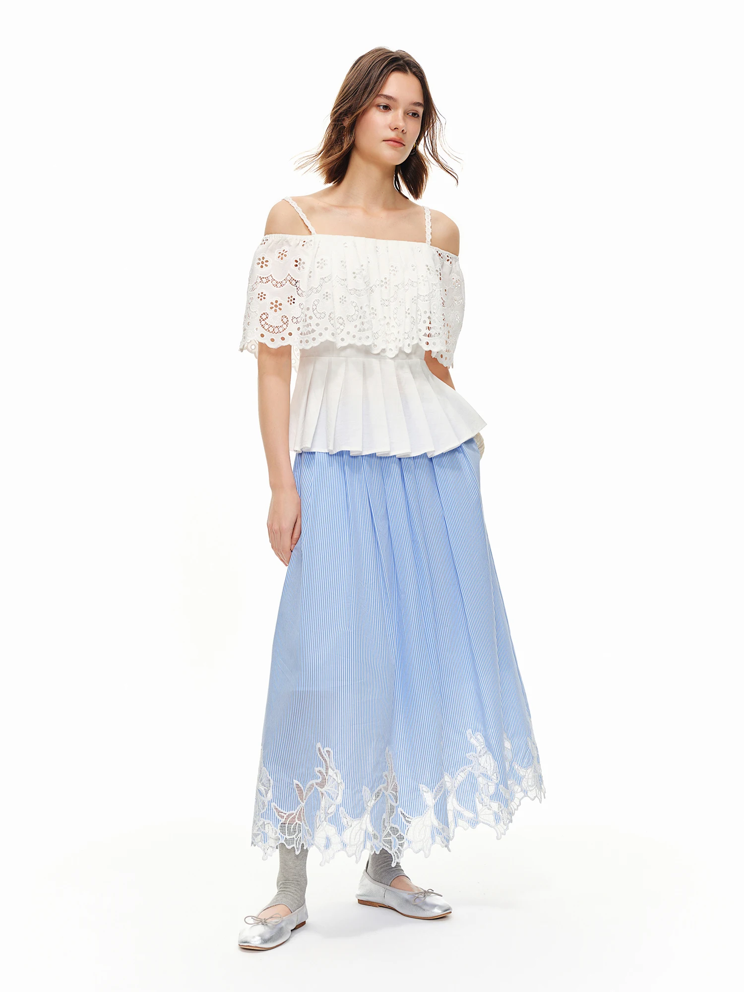 DUSHU Striped Lace Hollow Out Embroidered Midi Skirt Women New Summer 2026 Korean Style Blue High-waisted A-line Skirt