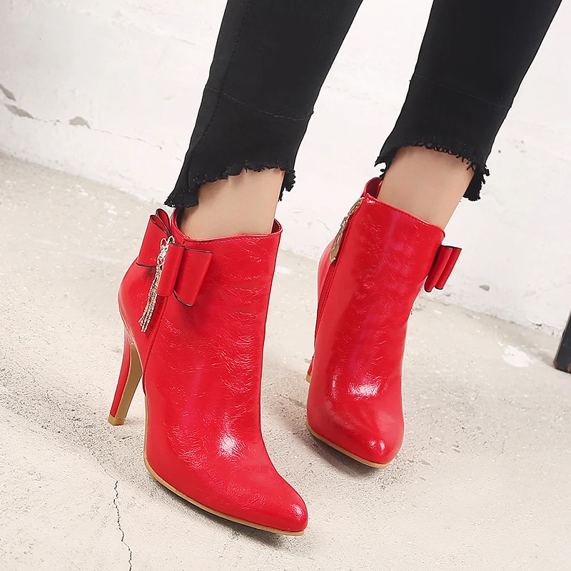 2023 new autumn winter Women ankle boots plus size 22-27CM PU upper side zip modern boots high heel butterfly knot short boots